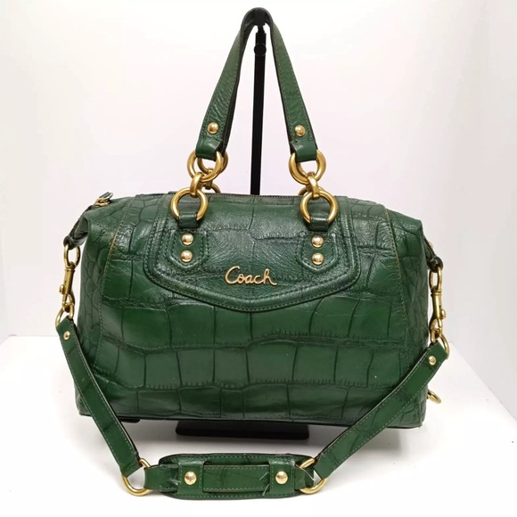 RARE Emerald Green Coach Ashley Embossed Leather Croc Alligator Handbag Xbody - Picture 1 of 16